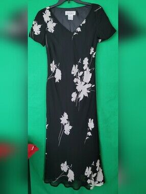 Jones Wear Black White Floral V-Neck Maxi Dress Sz 10 Vtg Midi Womens Cocktail